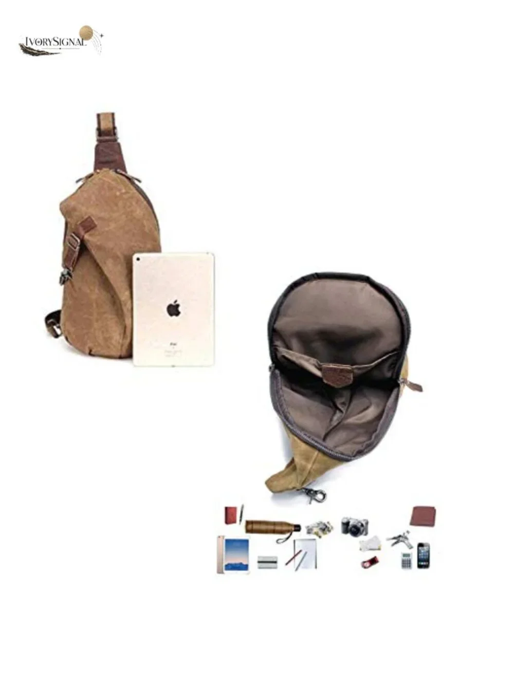 Waxed Canvas Sling Backpack Cow Leather Crossbody Bag Casual Daypack
